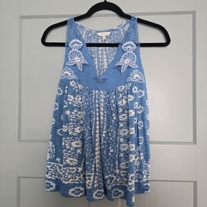 Lucky Brand Boho Embroidered Lace Tank Top Blue Floral Size M